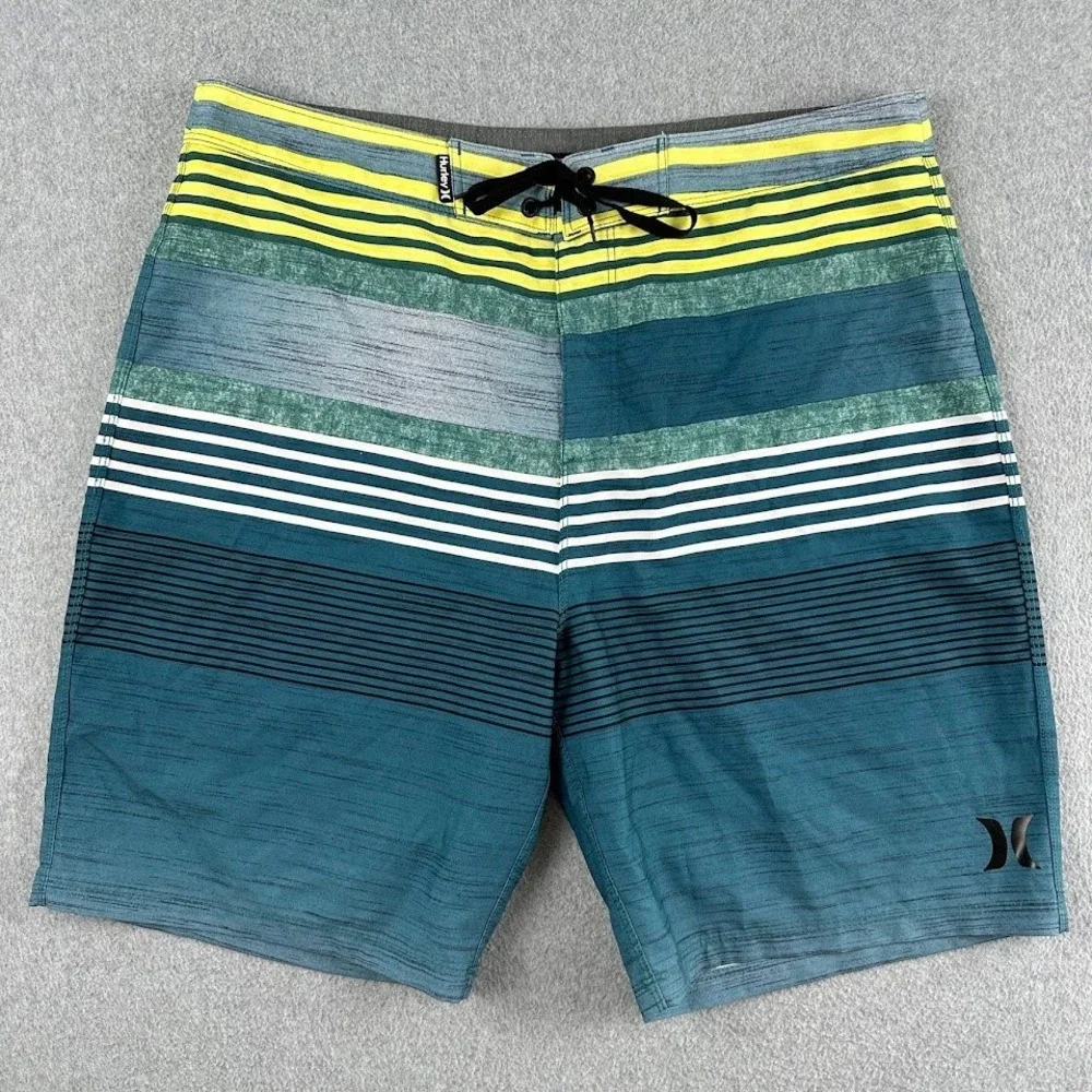 Hurley Mens Phantom Board Shorts Size 34 Teal Yellow Striped Swim Trunks Surf